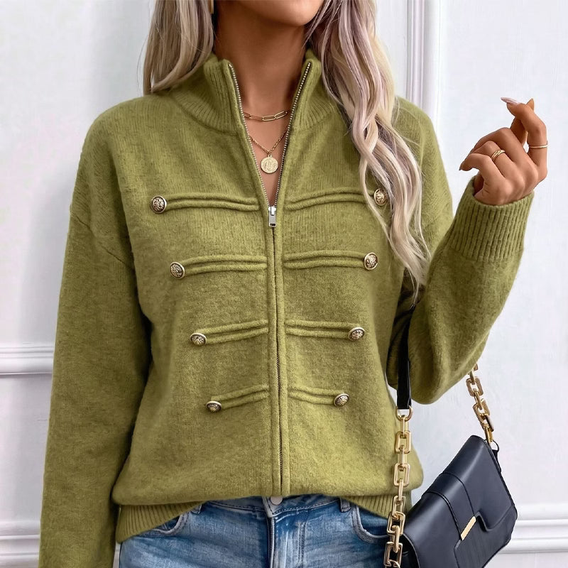Teuntje - Women's knit cardigan with high neck, zip, and decorative buttons