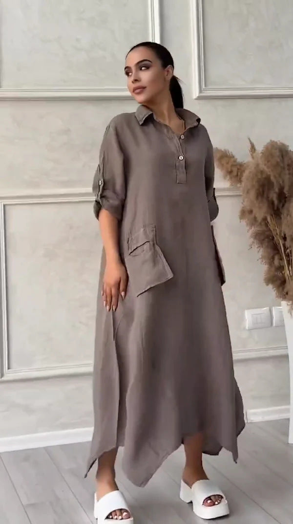 Leontine - Robe maxi femme en lin et coton avec revers
