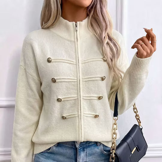 Teuntje - Women's knit cardigan with high neck, zip, and decorative buttons