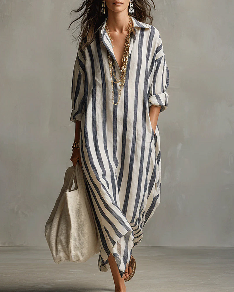 Avenira - Robe Maxi Rayée À Col Revers Décontracté Chic