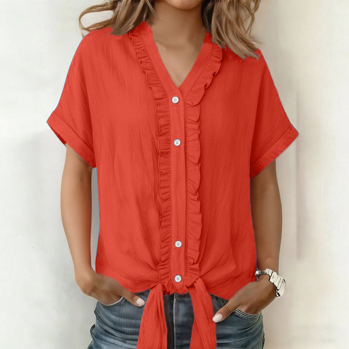 Kalyxa - Chemise femme coton col V manches courtes nouée été