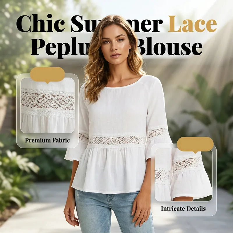 Evarielle - Blouse femme dentelle et basque avec manches volantées