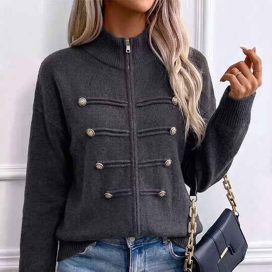 Teuntje - Women's knit cardigan with high neck, zip, and decorative buttons