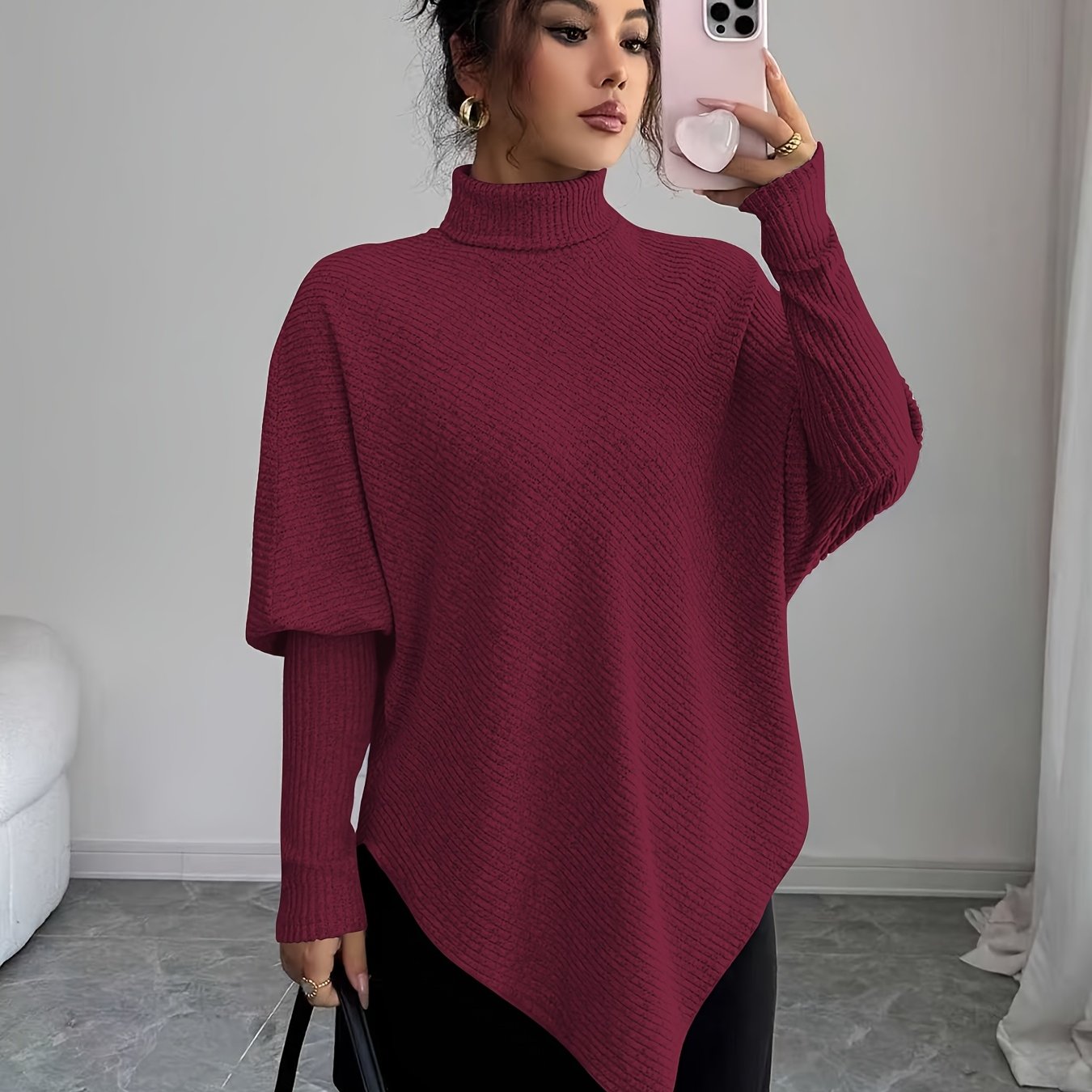 Ilyssa - Pull Asymétrique Col Montant Élégance Moderne