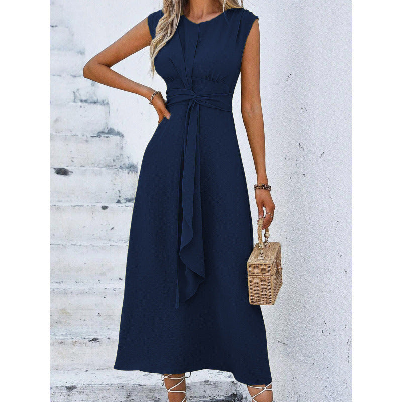 Orivessa - Robe longue femme unie sans manches avec ceinture drapée
