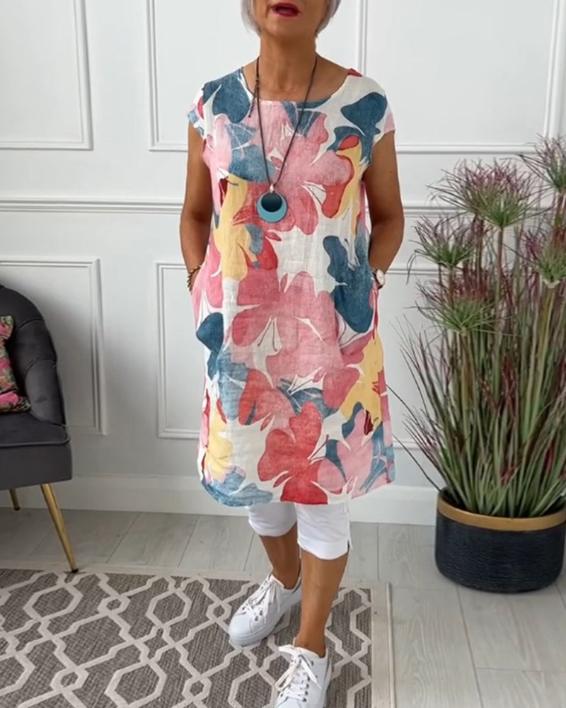 Anita - Robe femme imprimée verte fluide à manches courtes et coupe ample