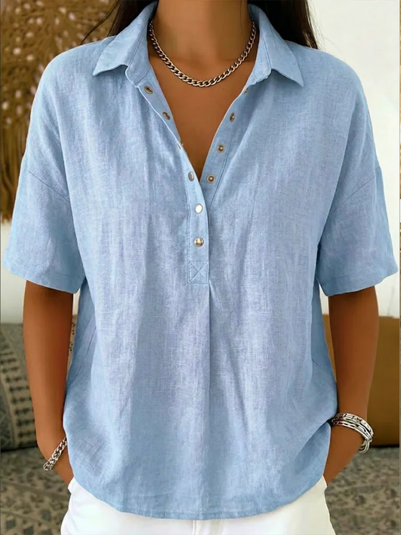 Karina - Blouse Femme Col Classique Décolleté V Boutons Manches Courtes Confort