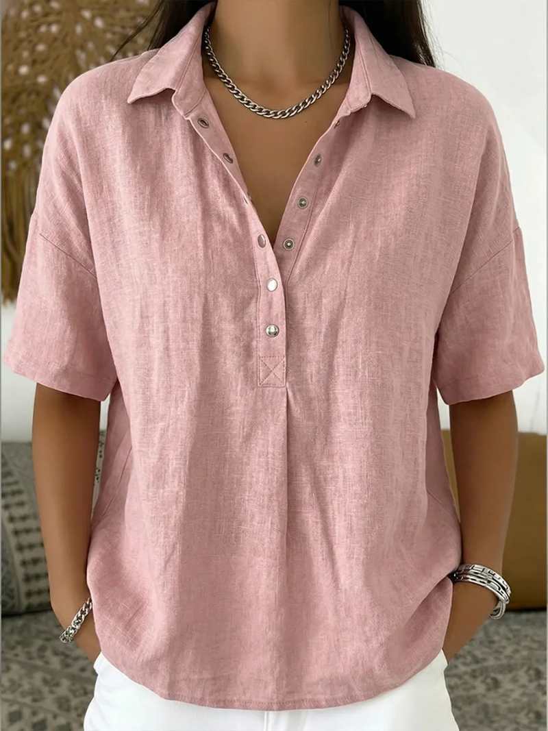 Karina - Blouse Femme Col Classique Décolleté V Boutons Manches Courtes Confort