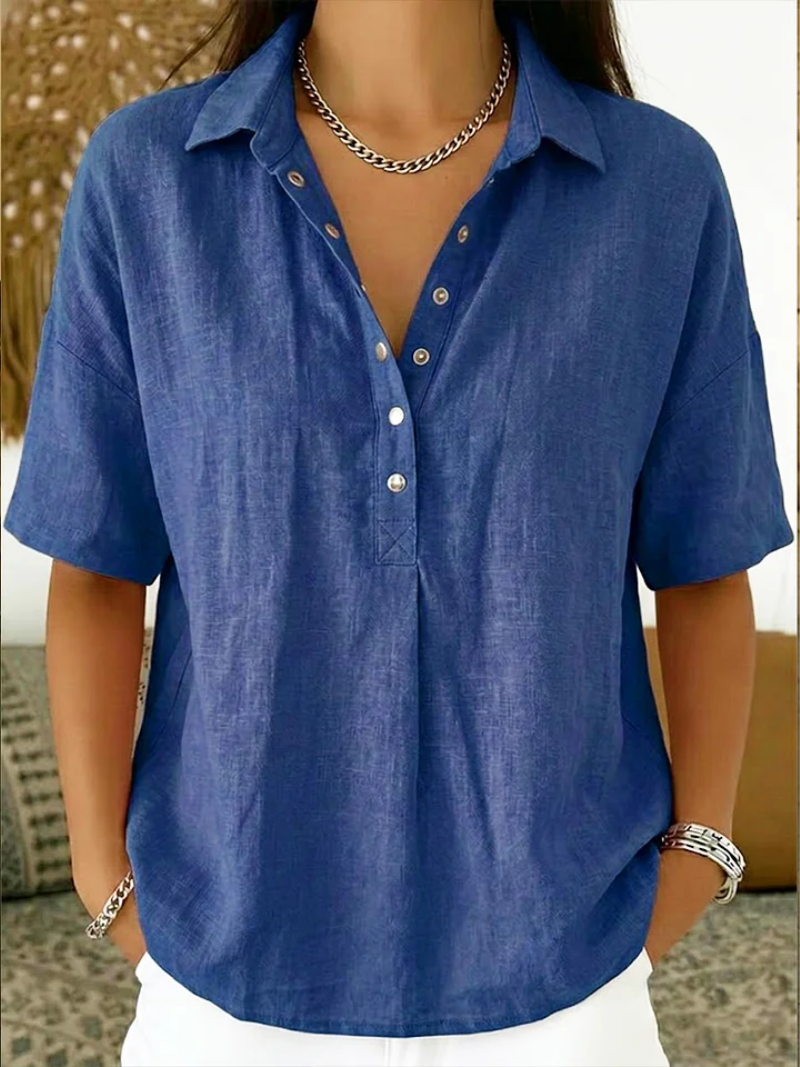 Karina - Blouse Femme Col Classique Décolleté V Boutons Manches Courtes Confort