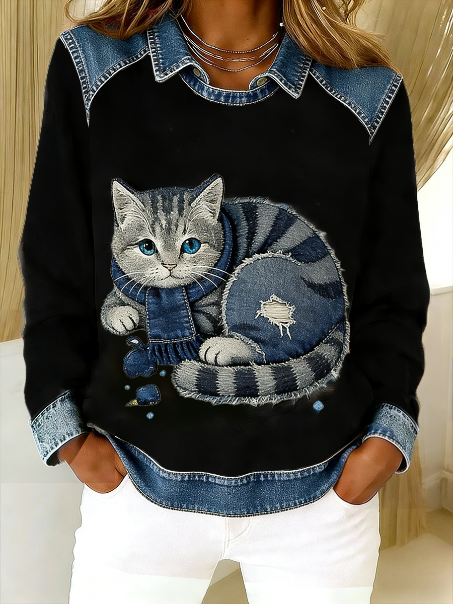 Oravellissa - Sweat-shirt en Denim Patchwork Rétro