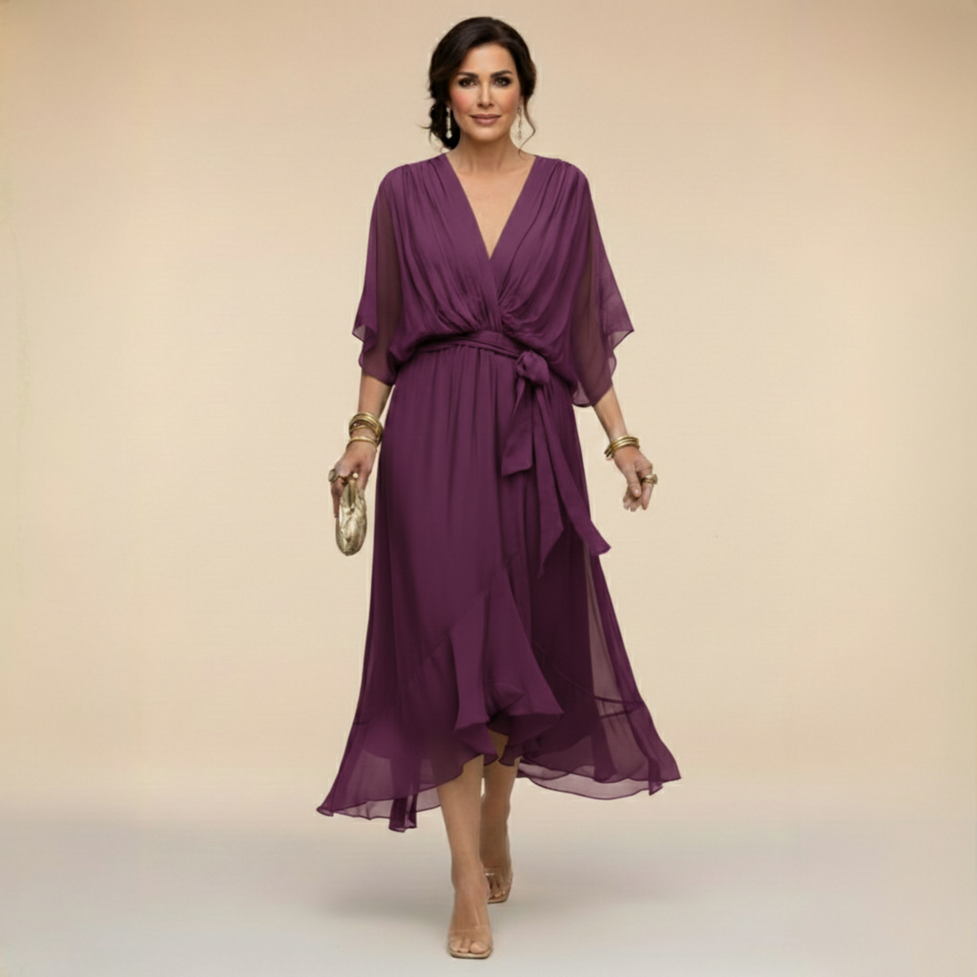 Lazira - Robe femme midi fluide col V manches amples ceinture élégante