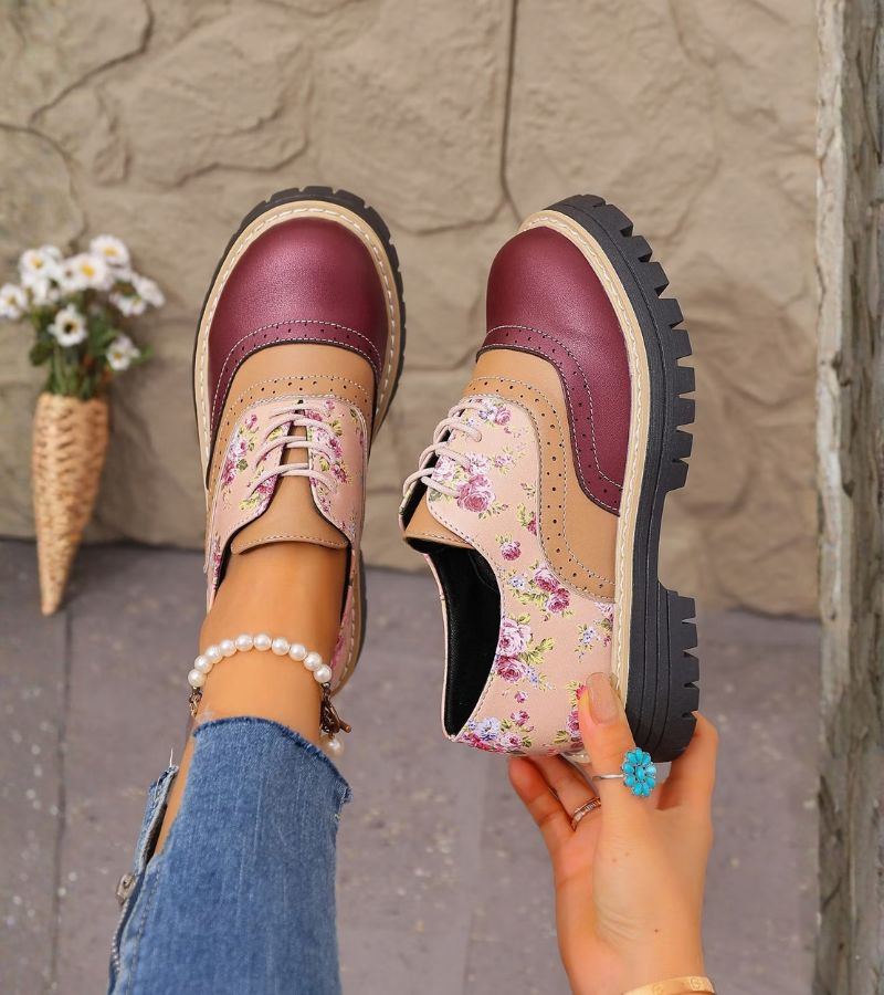 Maan - Chaussures Oxford Femme à Lacets avec Motif Floral et Semelle Épaisse