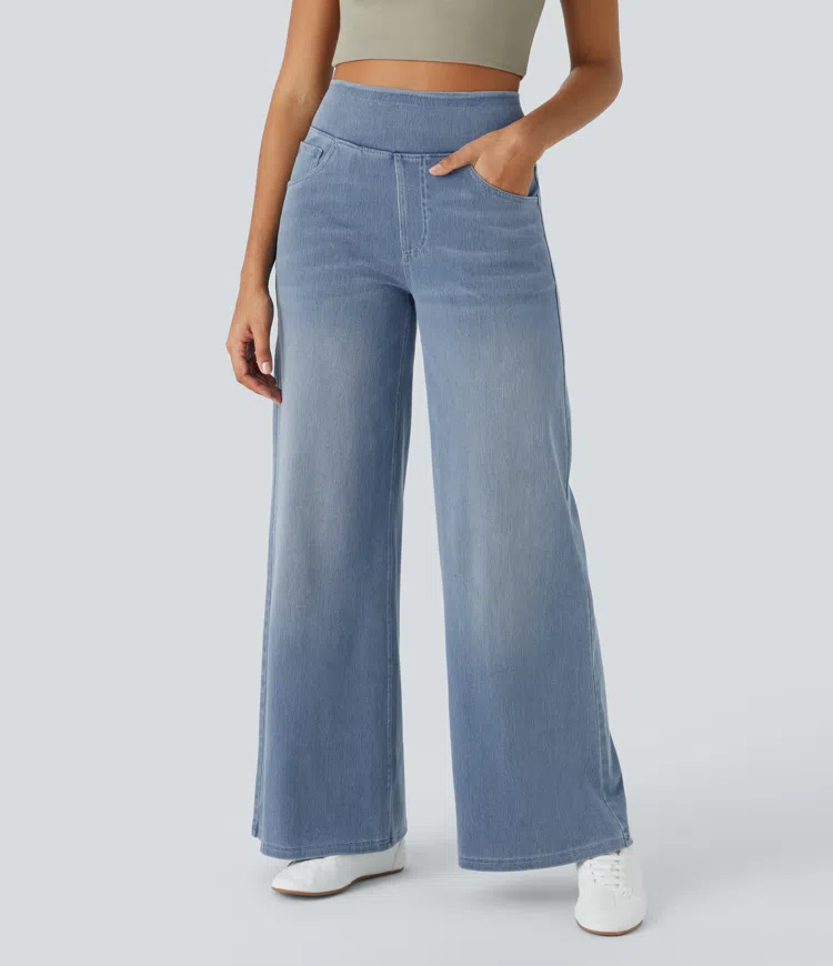 Ruvessa - Jean femme taille haute jambe large très extensible coupe moderne