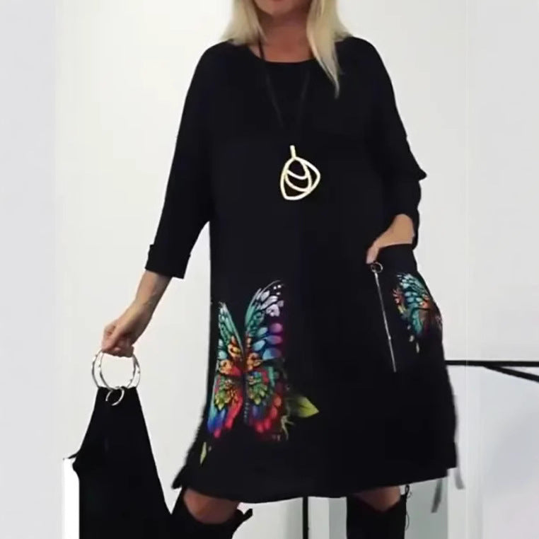 Florienne - Robe à imprimé papillon multicolore et col rond