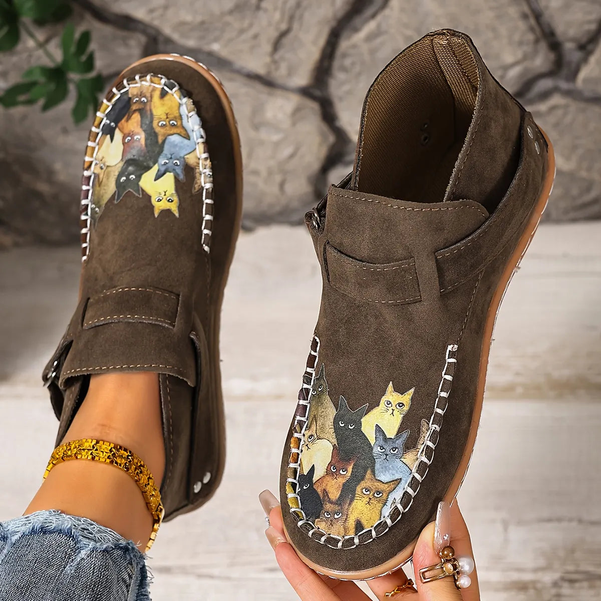 Annefleur - Mocassins femme imprimé chat à enfiler