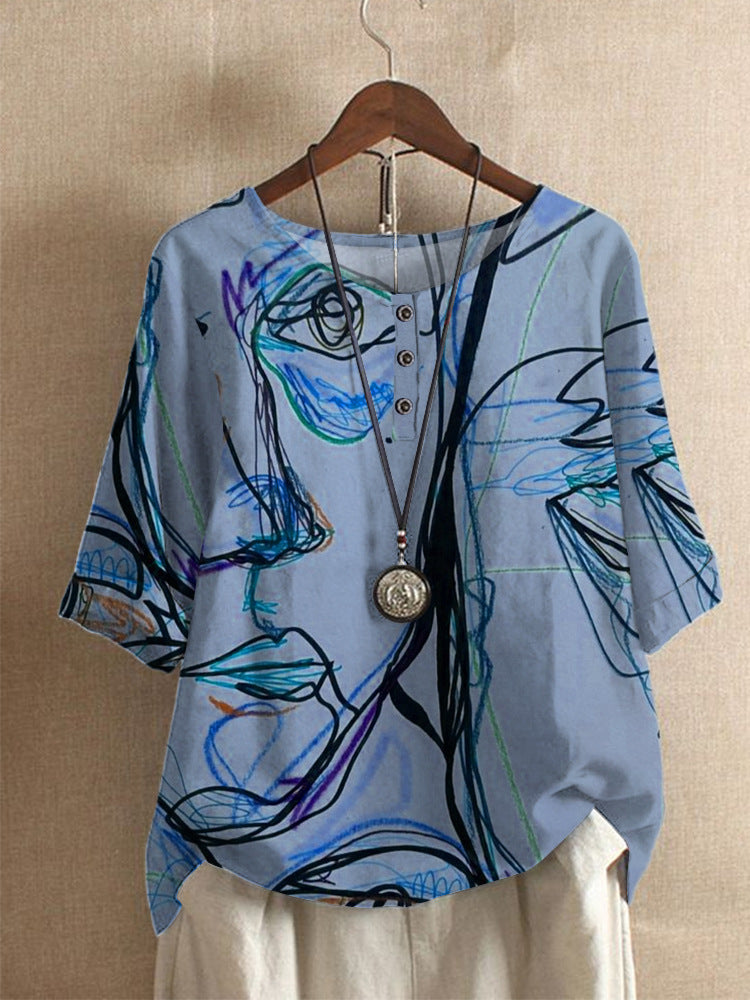 Averitha - T-shirt femme artistique imprimé à manches 3/4 et col rond