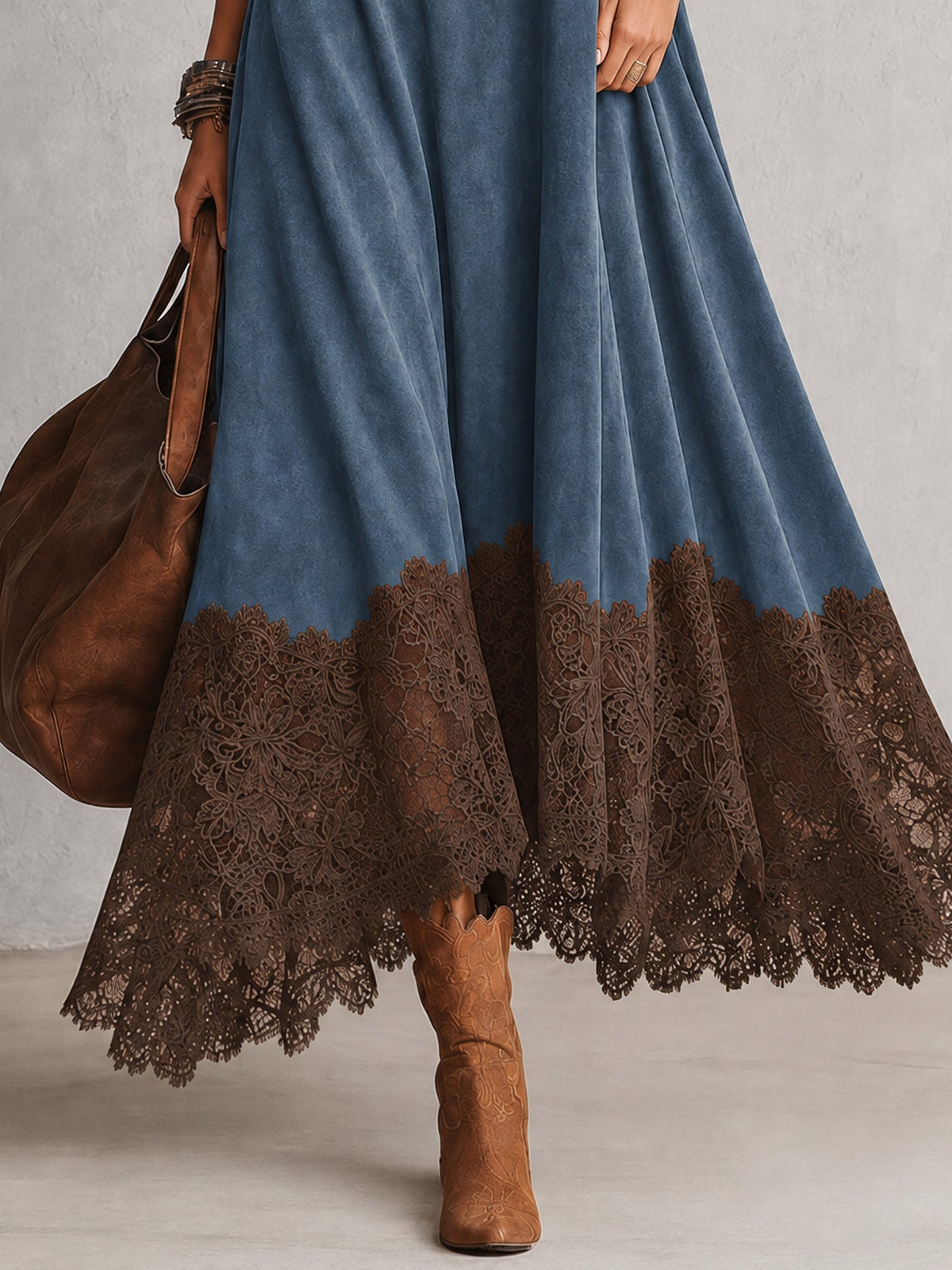 Gonneke - Robe femme longue effet suédé avec dentelle