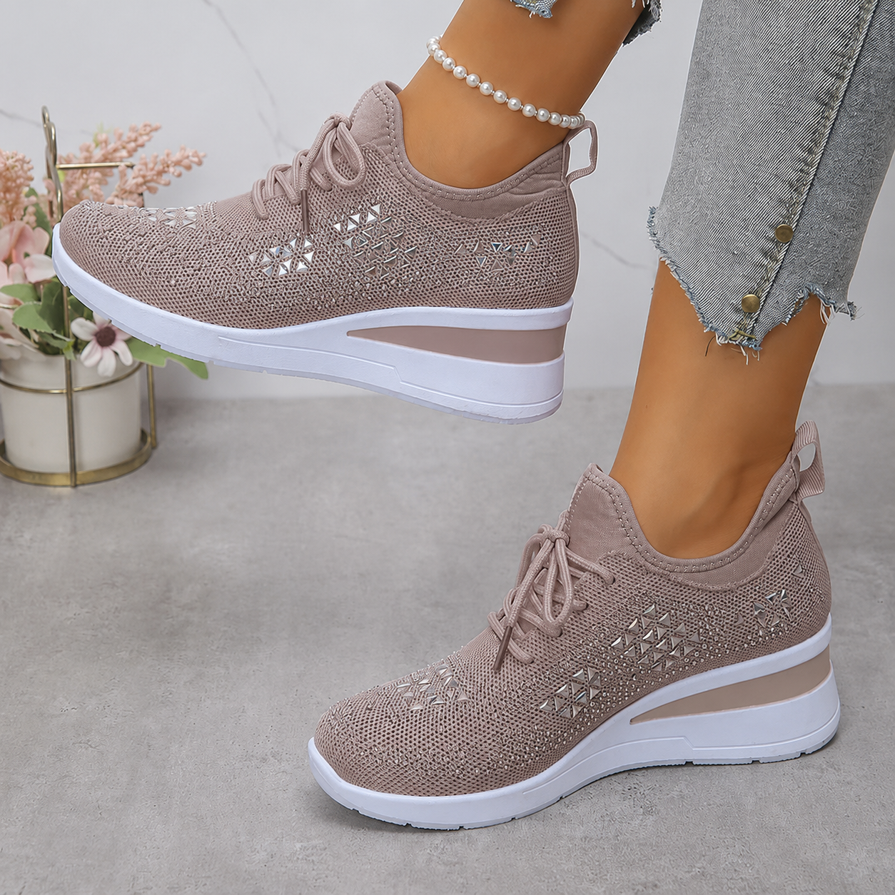Esmeralda - Baskets femme compensées scintillantes avec maille respirante