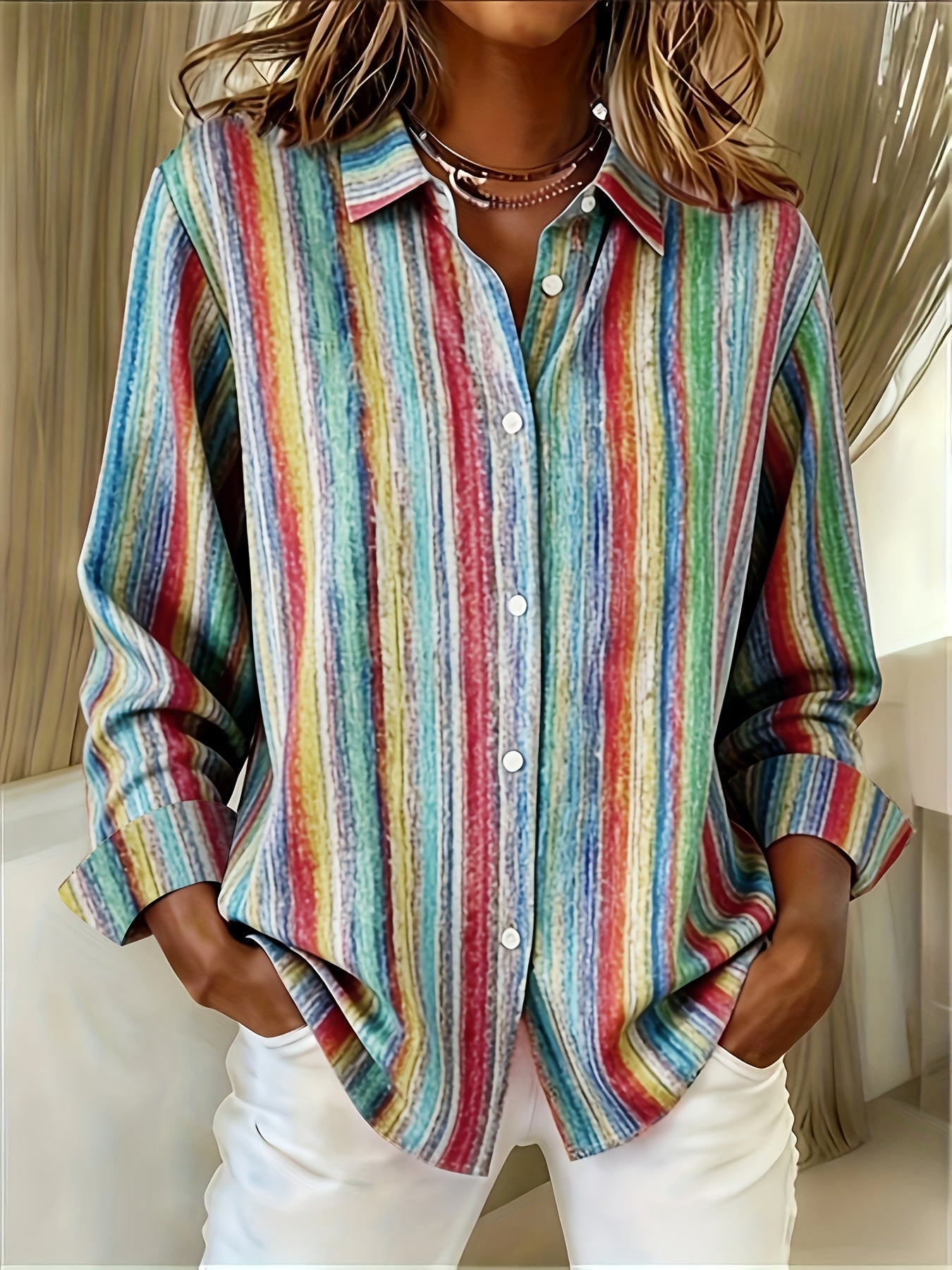 Qirexa - Chemise Femme Rayures Verticales Coupe Ample Boutonnée Style Décontracté