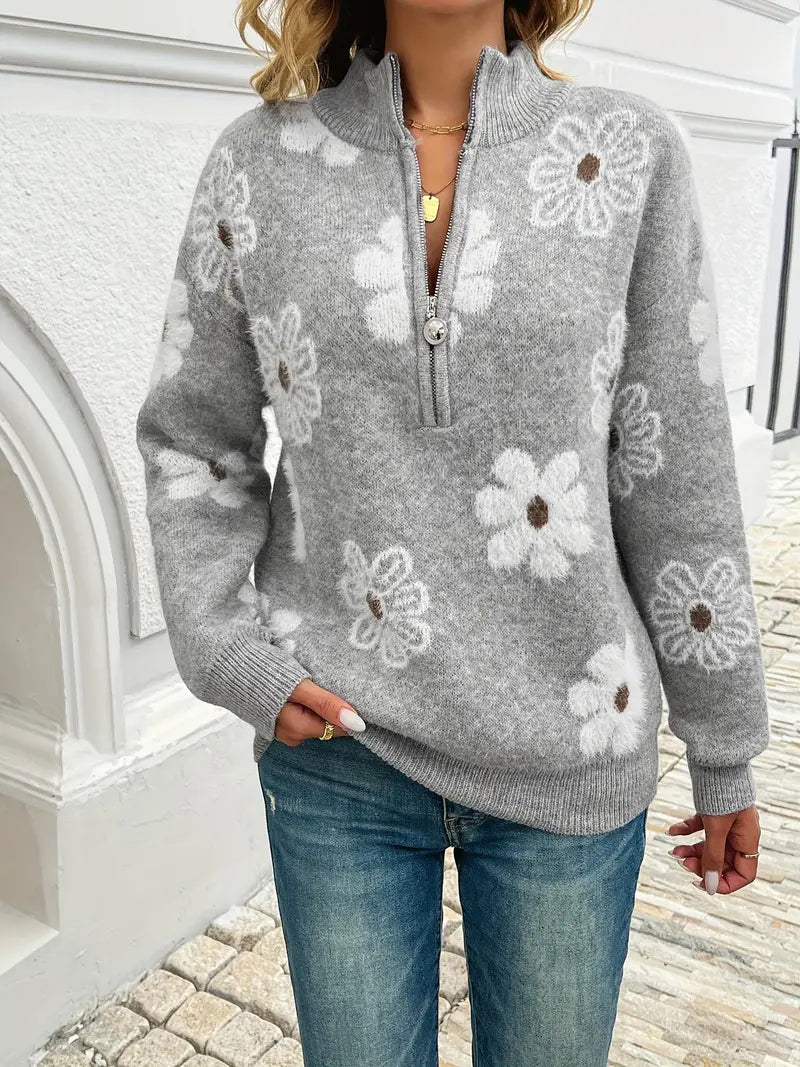 Pauline - Sweater à zip floral à épaules tombantes