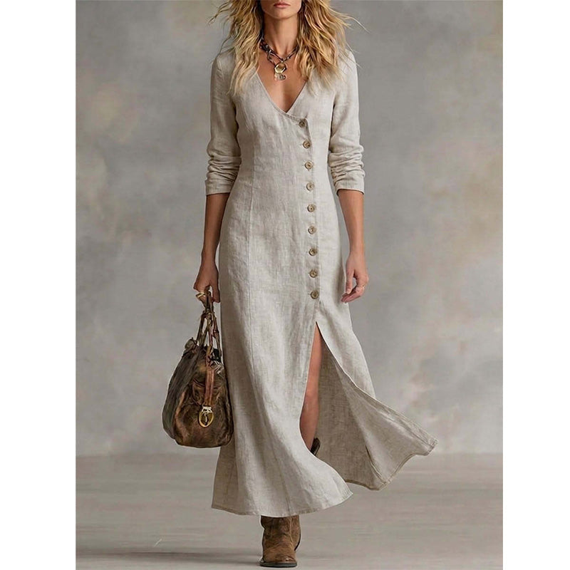 Quinalisse - Robe chemise vintage élégante à manches longues midi