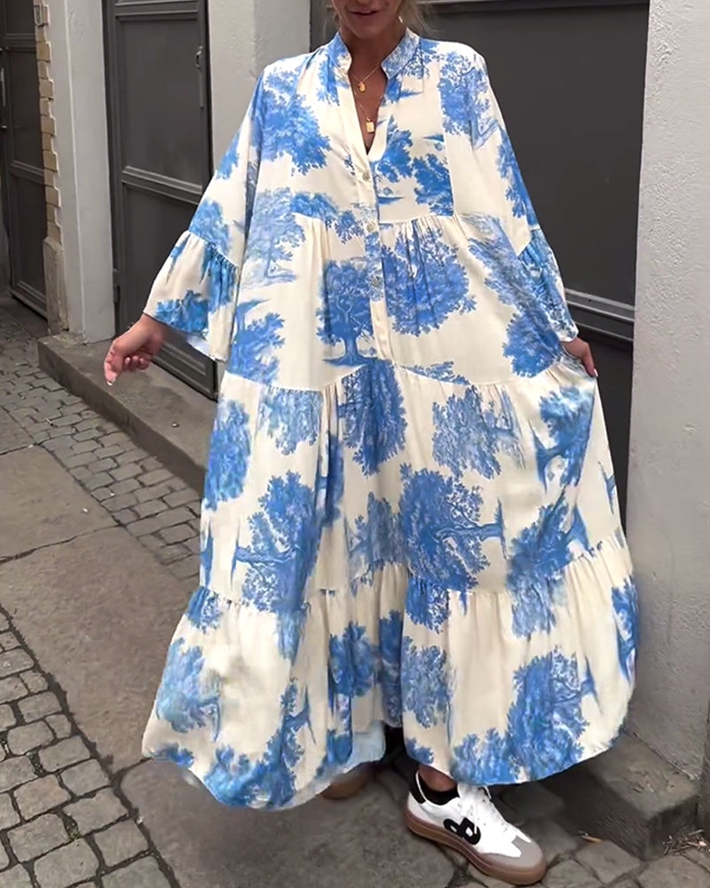 Greta - Robe Patchwork Ample avec Col en V et Manches Cloches Imprimées