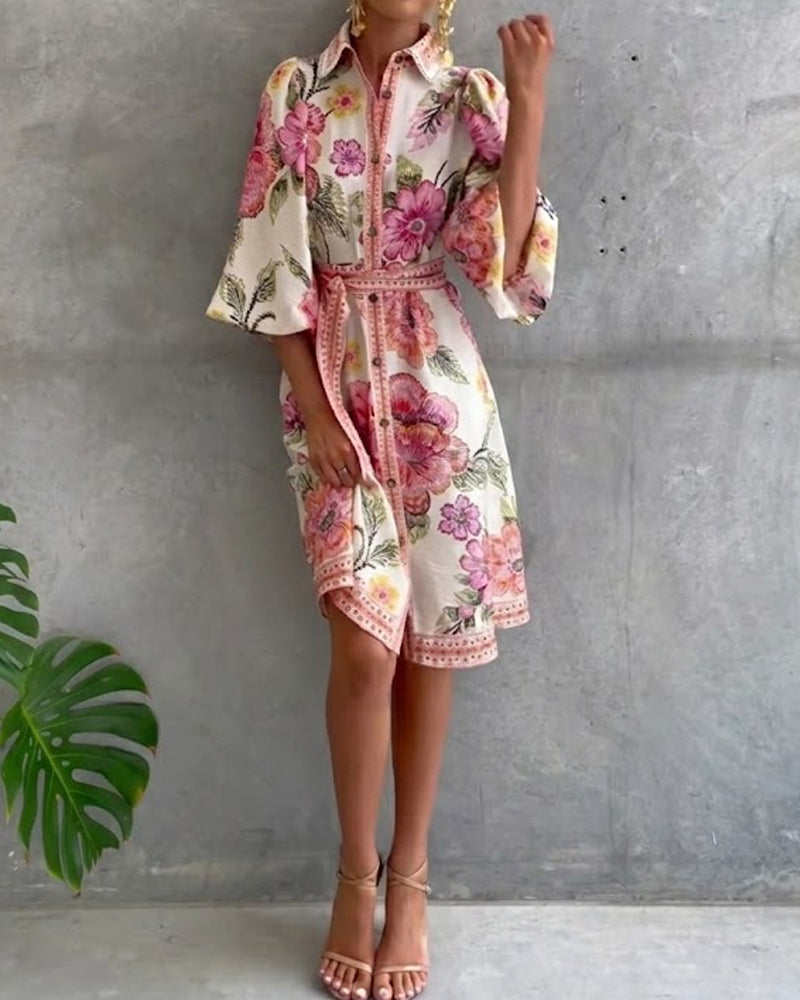 Glyssara - Robe florale élégante femme à manches lanterne et boutons