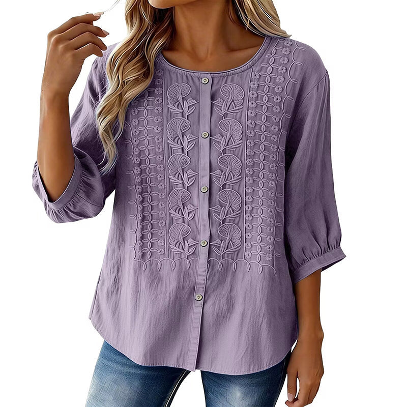 Sorivelle - Blouse brodée femme en coton et lin à manches 3/4