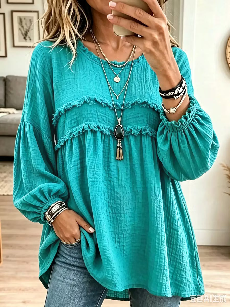 Noëlie - Women's loose-fit babydoll tunic with ruffles and balloon sleeves