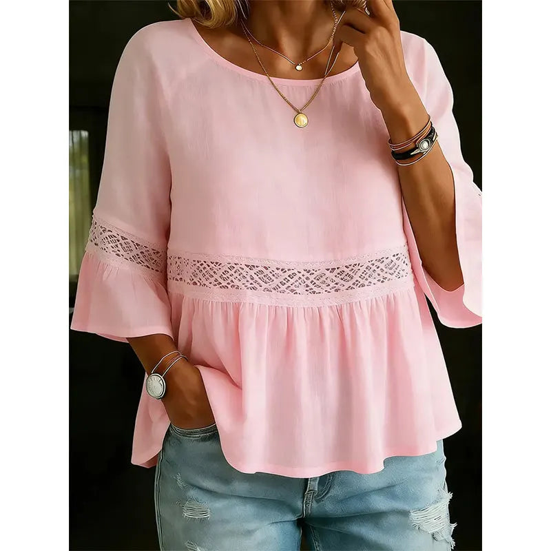 Evarielle - Blouse femme dentelle et basque avec manches volantées