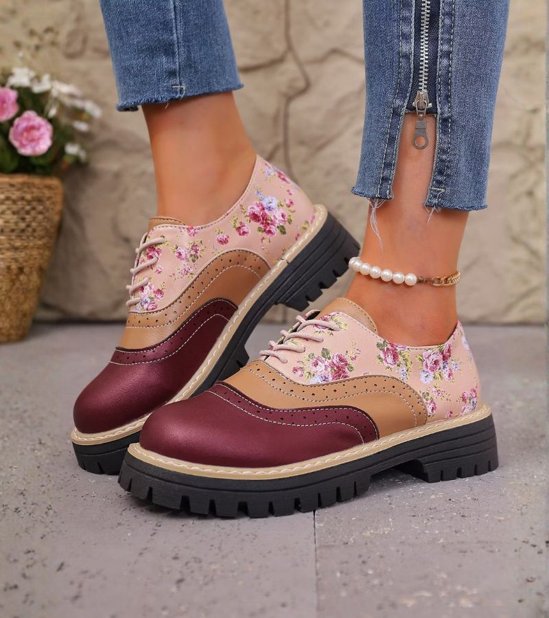 Maan - Chaussures Oxford Femme à Lacets avec Motif Floral et Semelle Épaisse