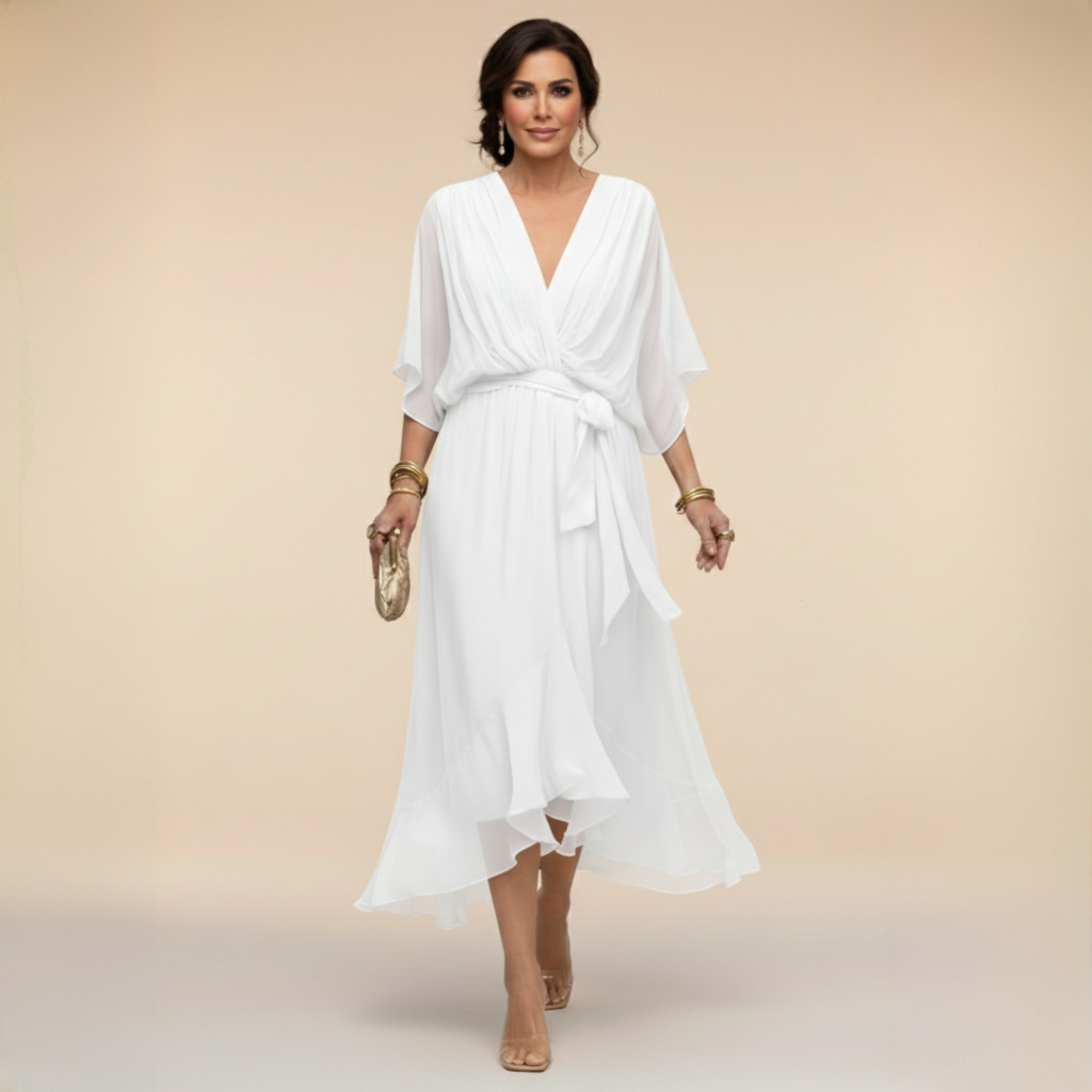 Lazira - Robe femme midi fluide col V manches amples ceinture élégante