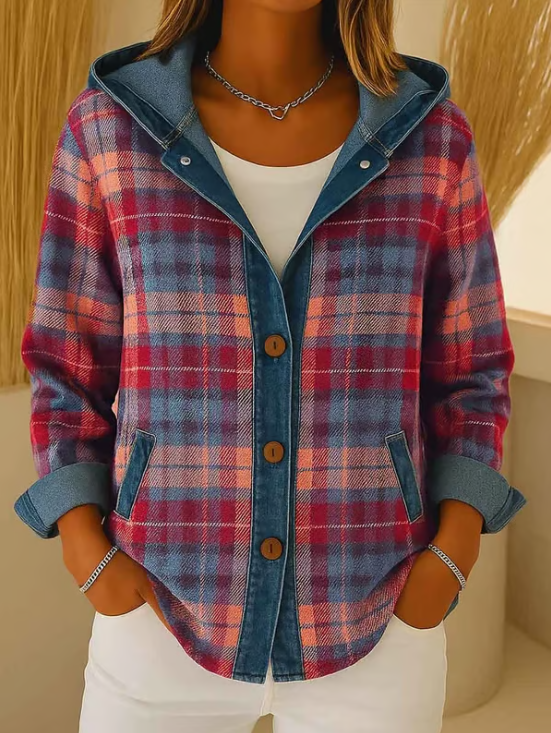 Nadrina - Veste en Jean à Capuche et Motif à Carreaux Contrastés