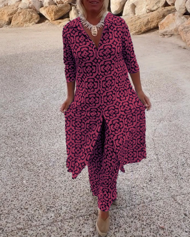Livia - Ensemble Vintage Imprimé avec Revers et Boutons