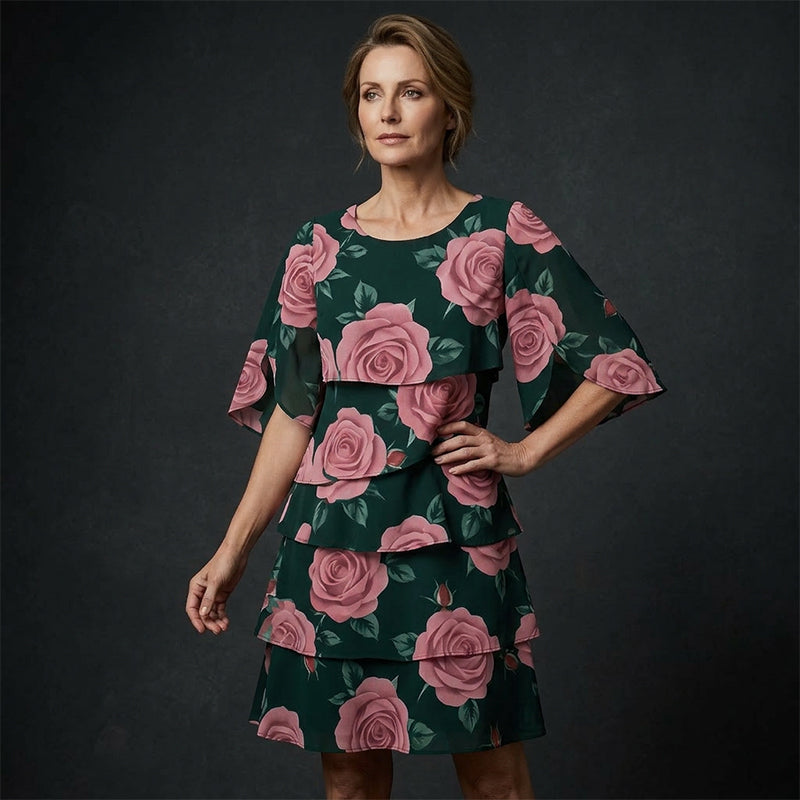 Qyvelle - Robe Femme Imprimé Floral Coupe Ample Manches Fluides Style Élégant