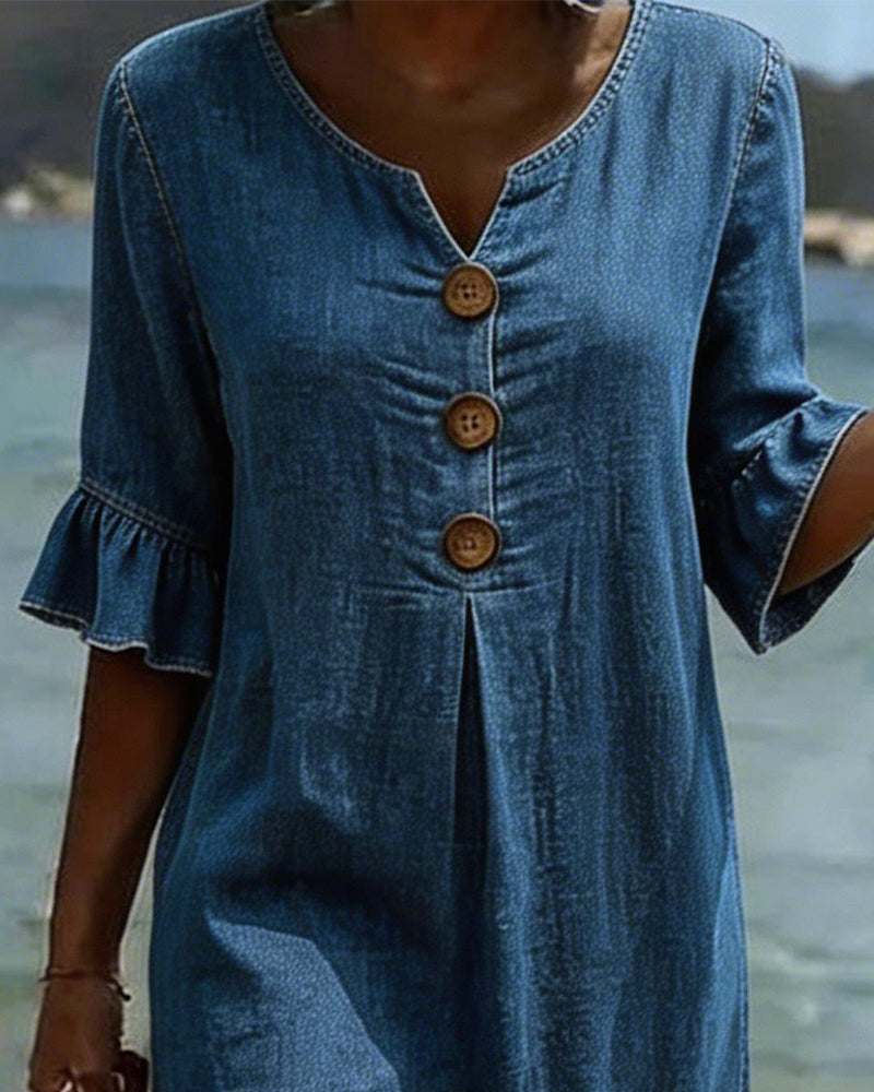 Fynorae - Robe femme jean manches volants coupe fluide été plage