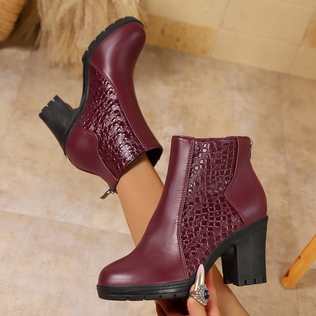 Belyssa - Bottines À Talon Épais En Cuir Véritable Élégant