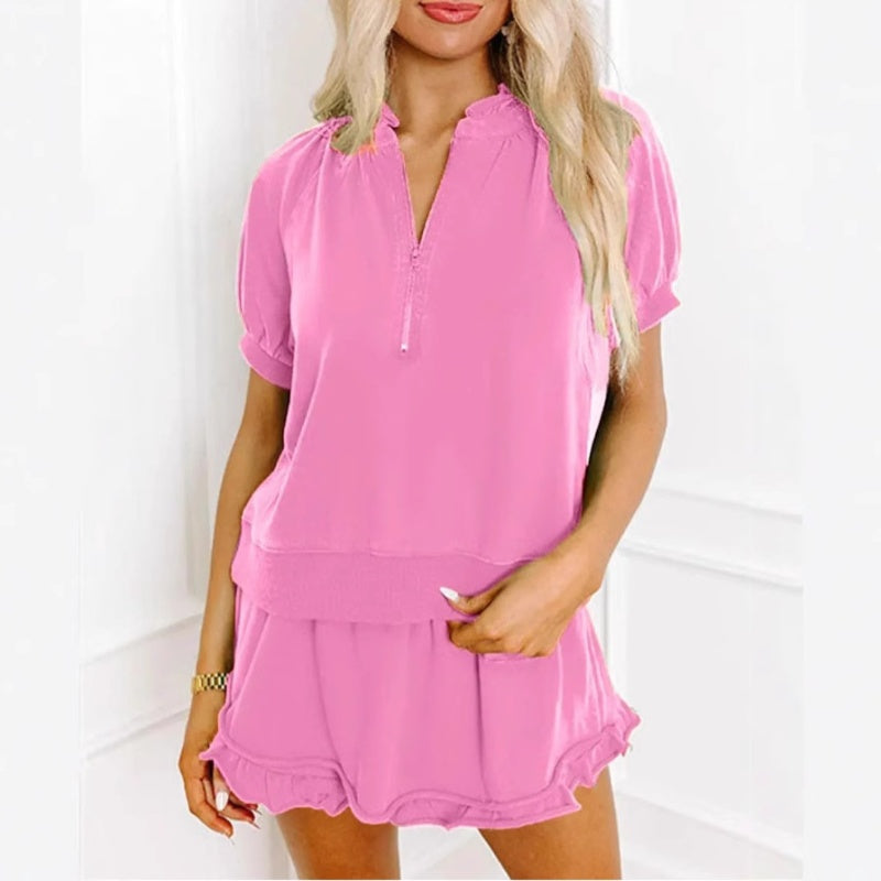 Talyssa - Ensemble deux pièces femme t-shirt zippé et short à volants