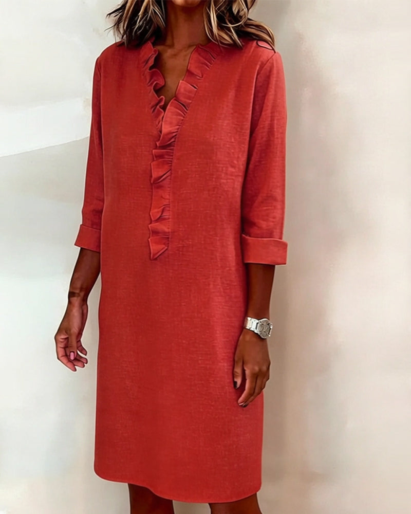 Ophivyn - Robe femme col V à volants coupe droite style décontracté