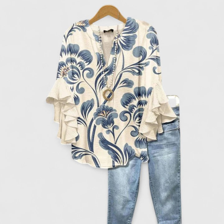 Myravelle - Blouse femme imprimée bohème manches volantées élégantes