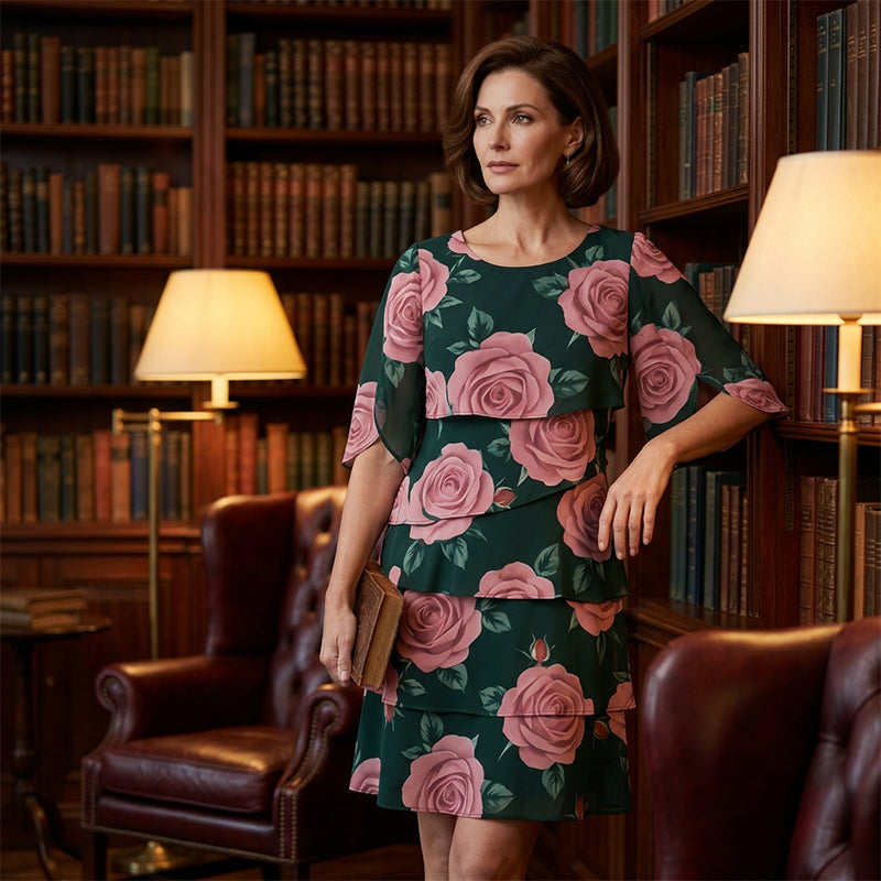 Qyvelle - Robe Femme Imprimé Floral Coupe Ample Manches Fluides Style Élégant