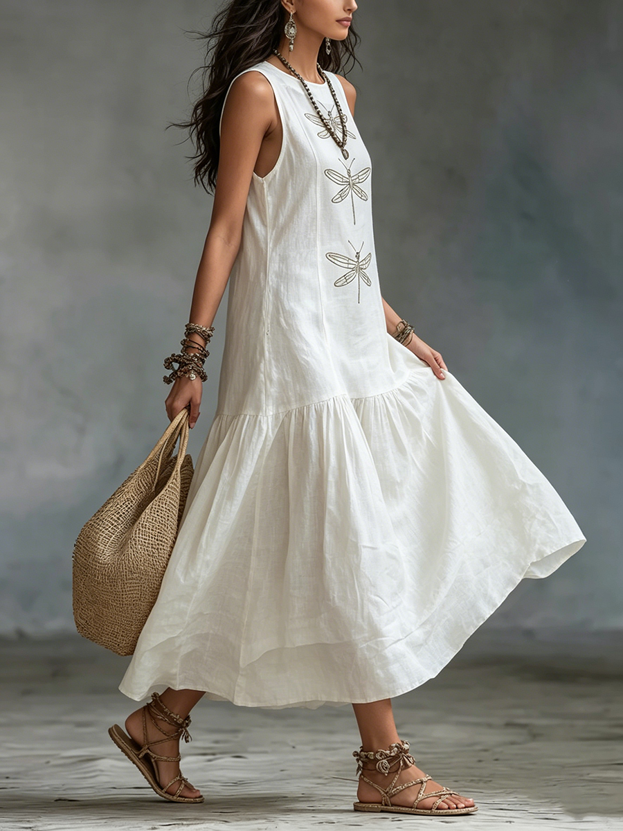 Nireliah - Robe longue femme coton lin sans manches motif libellule