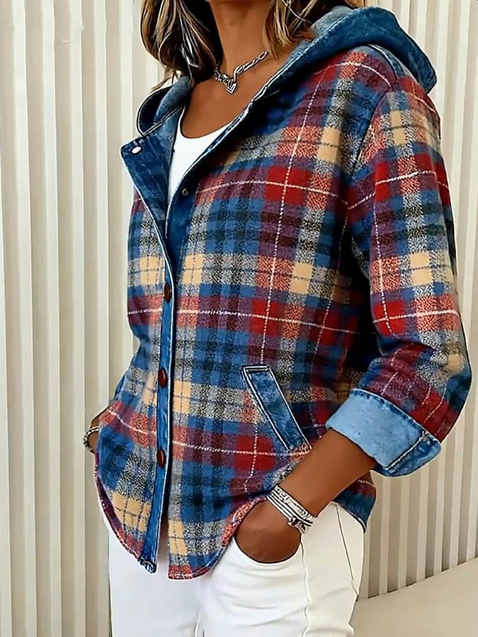 Nadrina - Veste en Jean à Capuche et Motif à Carreaux Contrastés