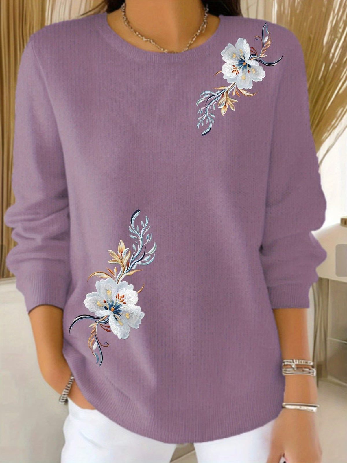 Yenthe - Pull femme à fleurs imprimées et col rond