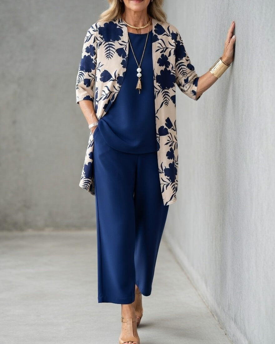 Sabrina - Ensemble Femme Trois Pièces Élégant Cardigan Fluide Haut Et Pantalon Large