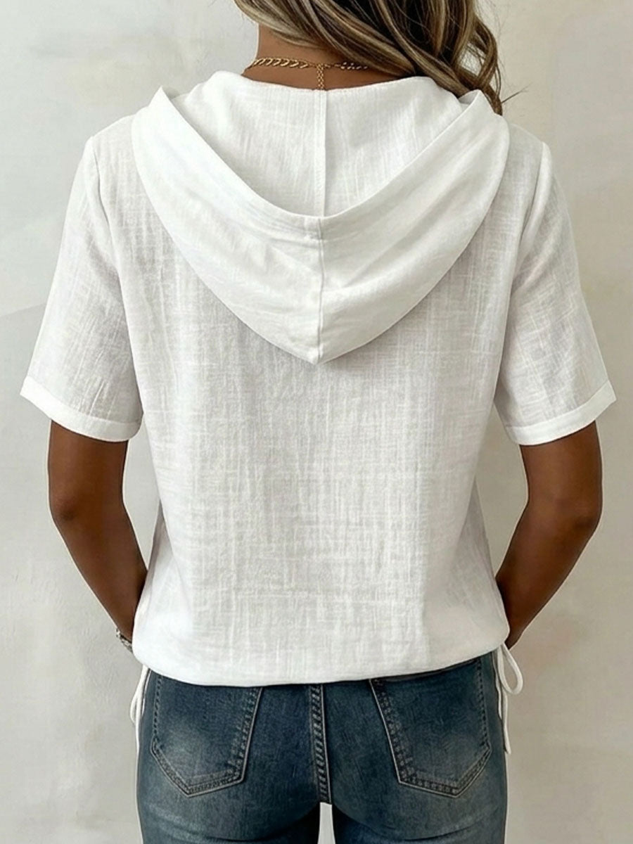 Aevrixa - Top femme à capuche fluide manches courtes boutons col ouvert style casual