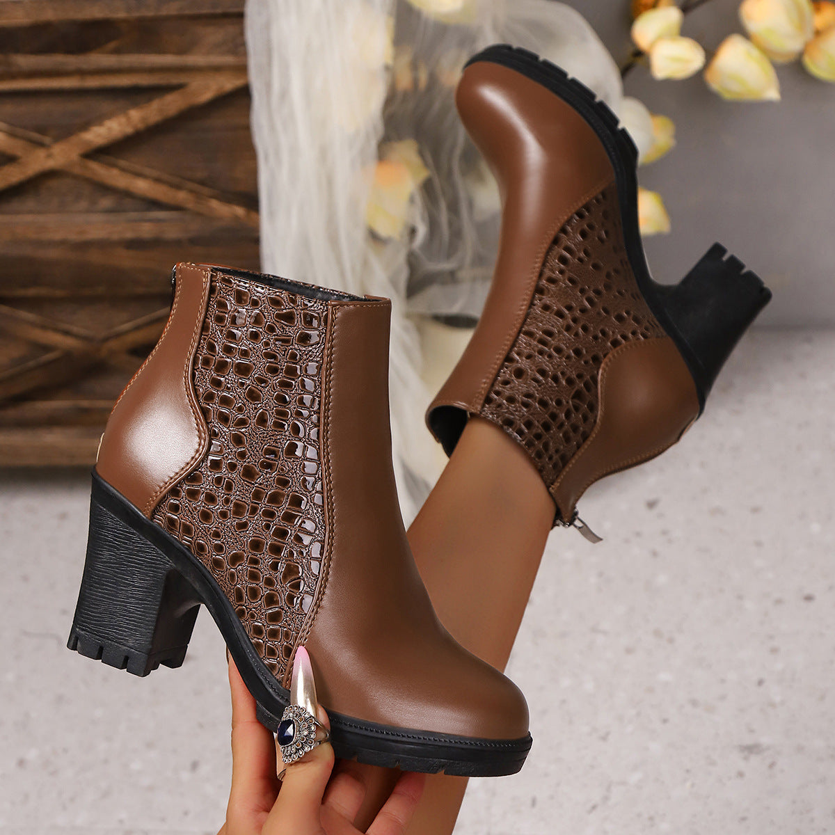 Belyssa - Bottines À Talon Épais En Cuir Véritable Élégant