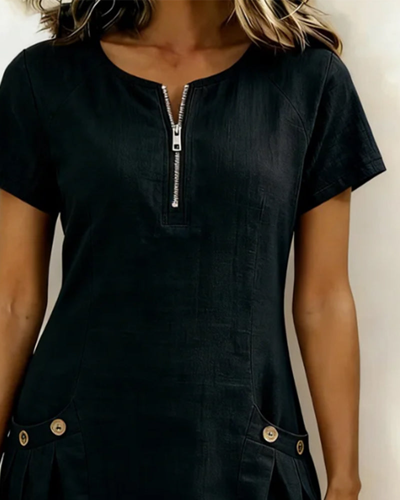 Alythessa - Robe courte femme unie élégante avec poches confortables