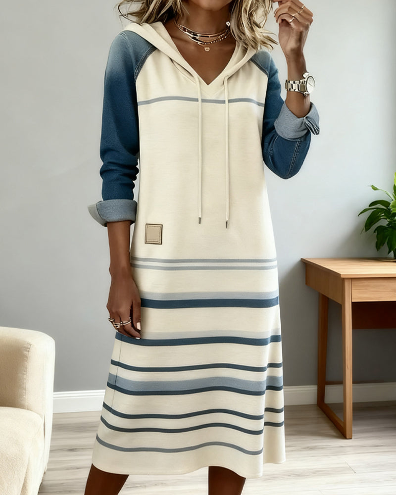 Ceralyn - Robe Décontractée À Capuche Et Motif Rayé Patchwork