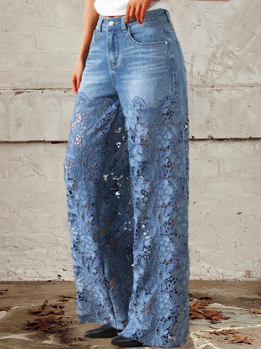 Lisandra - Jean taille moyenne en dentelle patchwork